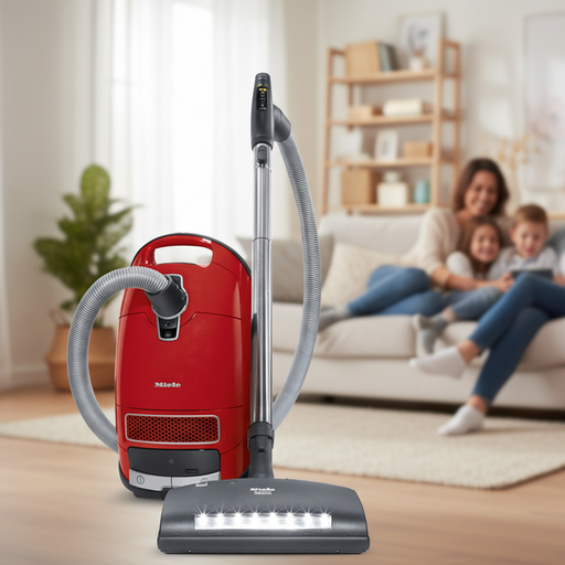 Red Miele vacuum cleaner in a living room with a family in the background. Miele Homecare Plus C3 Canister Vacuum Cleaner SEB236 Capital Vacuum Raleigh Cary NC