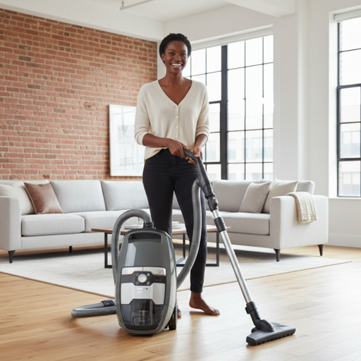 Woman using a Miele vacuum cleaner in a modern living room with large windows and a brick wall.