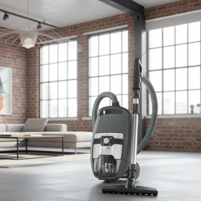Miele vacuum cleaner in a modern living room with brick walls and large windows. Miele Pure Suction CX1 Bagless Canister Vacuum Cleaner SKRE0 Capital Vacuum Raleigh Cary NC