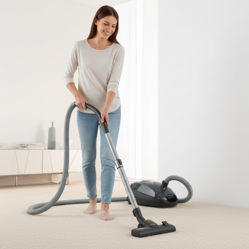 Woman using a Miele vacuum cleaner in a modern living room.