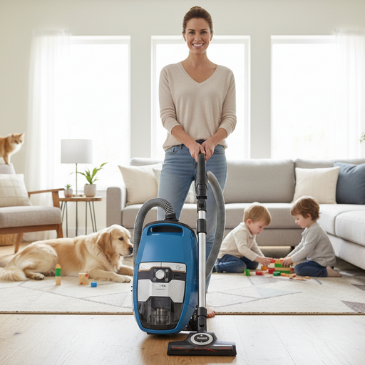 Woman using a Miele vacuum cleaner in a living room with children and a dog. Miele Turbo Team CX1 Bagless Canister Vacuum Cleaner SKCE0 Capital Vacuum Raleigh Cary NC