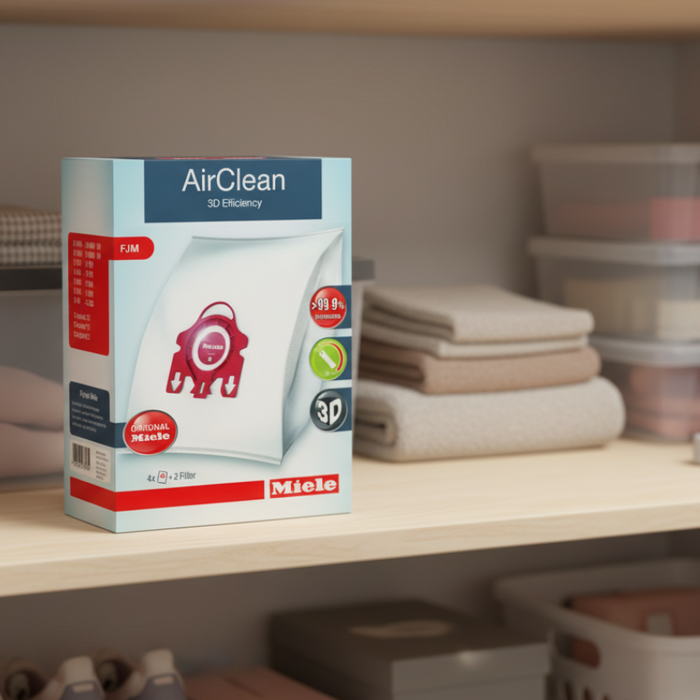 Miele AirClean FJM Bags on a shelf with cleaning supplies in the background