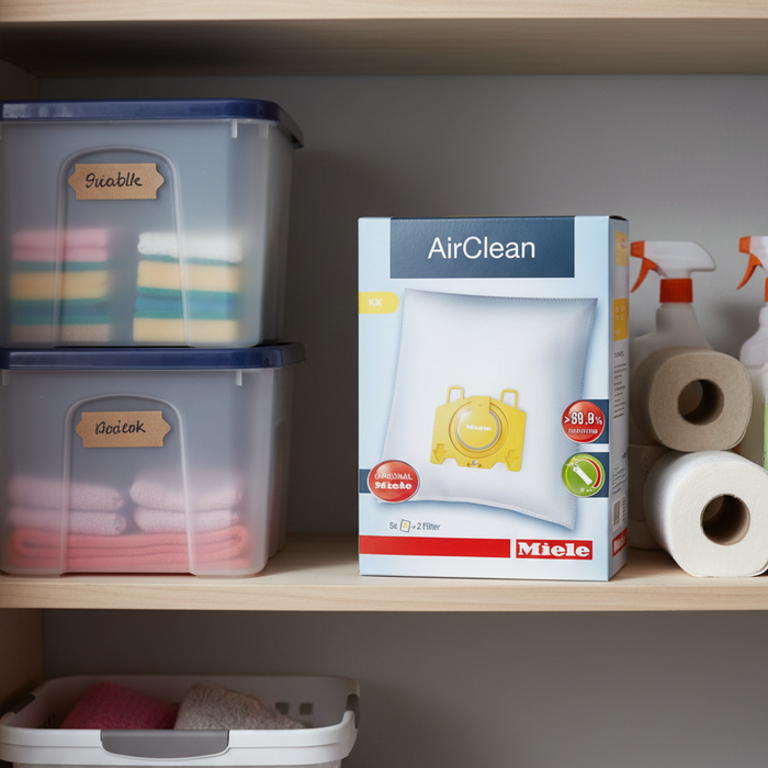 Miele AirClean KK bags on a shelf with storage containers and cleaning supplies.