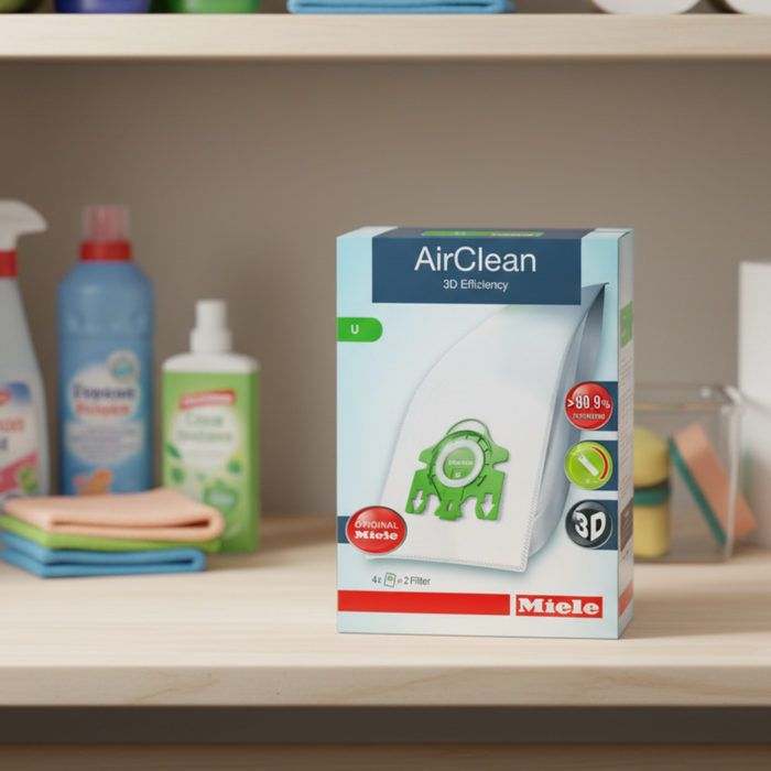 Miele AirClean U bags on a shelf with cleaning products in the background