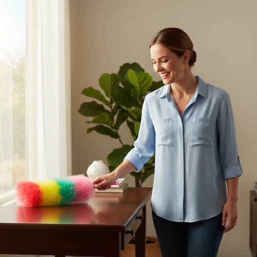 Woman holding a colorful duster in a room with a plant and window.