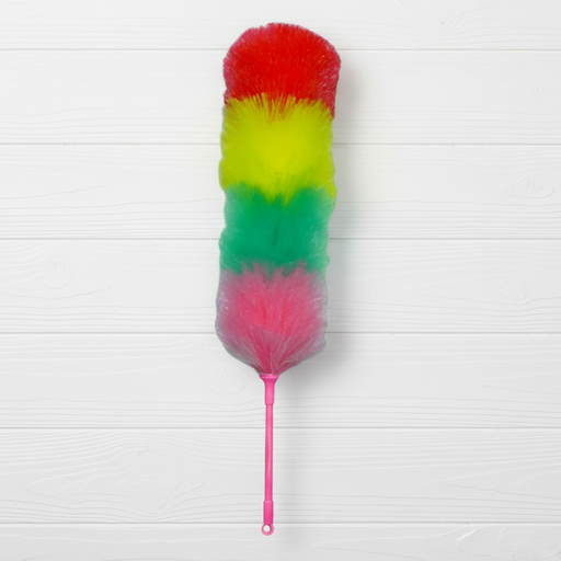 Colorful duster with red, yellow, green, and pink on a white wooden background. High Quality Polywool Feather Duster is 24" long with handle Capital Vacuum Raleigh Cary NC