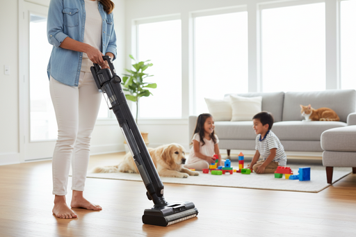 Woman using a Riccar R70 Multi-Clean Deluxe Smart Mop in a living room with children playing on the floor. Capital Vacuum Raleigh Cary NC