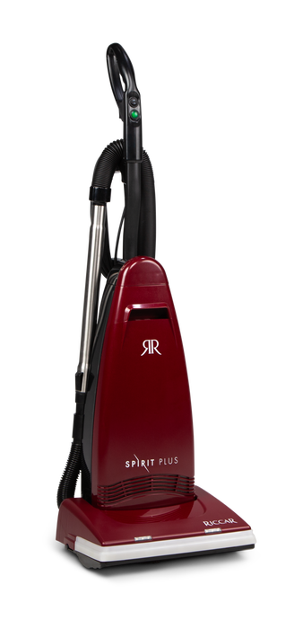 Riccar R21 Spirit Plus Red vacuum cleaner with 'RR' logo on a white background LH. Riccar R21 Spirit Plus Upright Vacuum Capital Vacuum Raleigh Cary NC