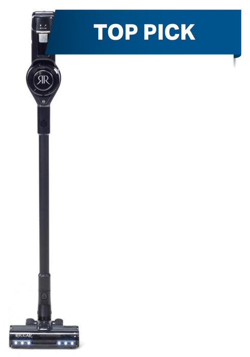 Riccar R65 cordless vacuum cleaner with 'Top Pick' label on a white background. Capital Vacuum Raleigh Cary NC