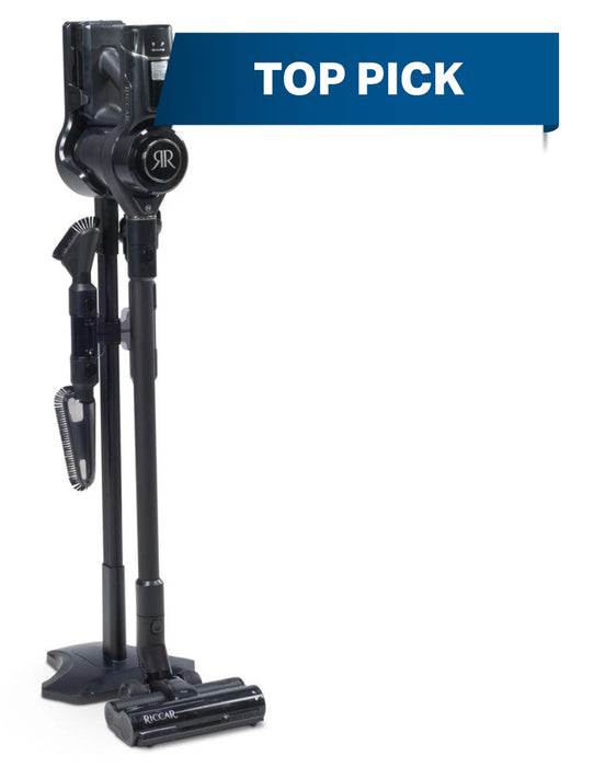 Riccar R65 cordless vacuum cleaner on stand on a white background. Capital Vacuum Raleigh Cary 
