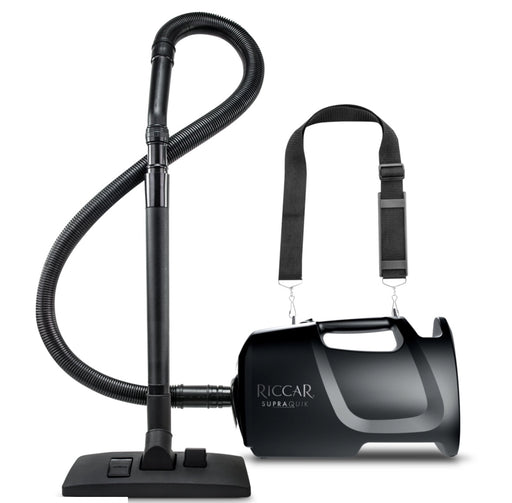 Black Riccar SupraQuick RSQ1 vacuum cleaner on a white background. Capital Vacuum Raleigh Cary NC