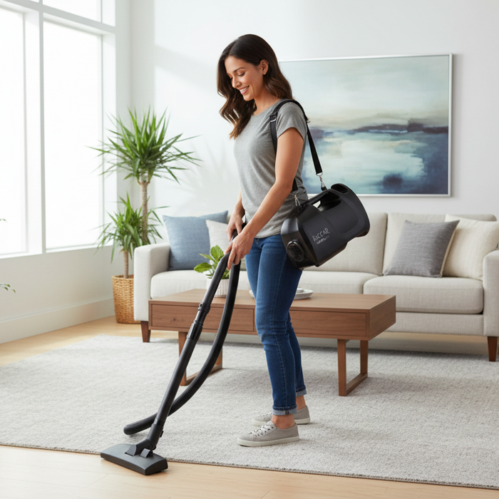 Woman using a vacuum cleaner in a living room. Black Riccar SupraQuick RSQ1. Capital Vacuum Raleigh Cary NC