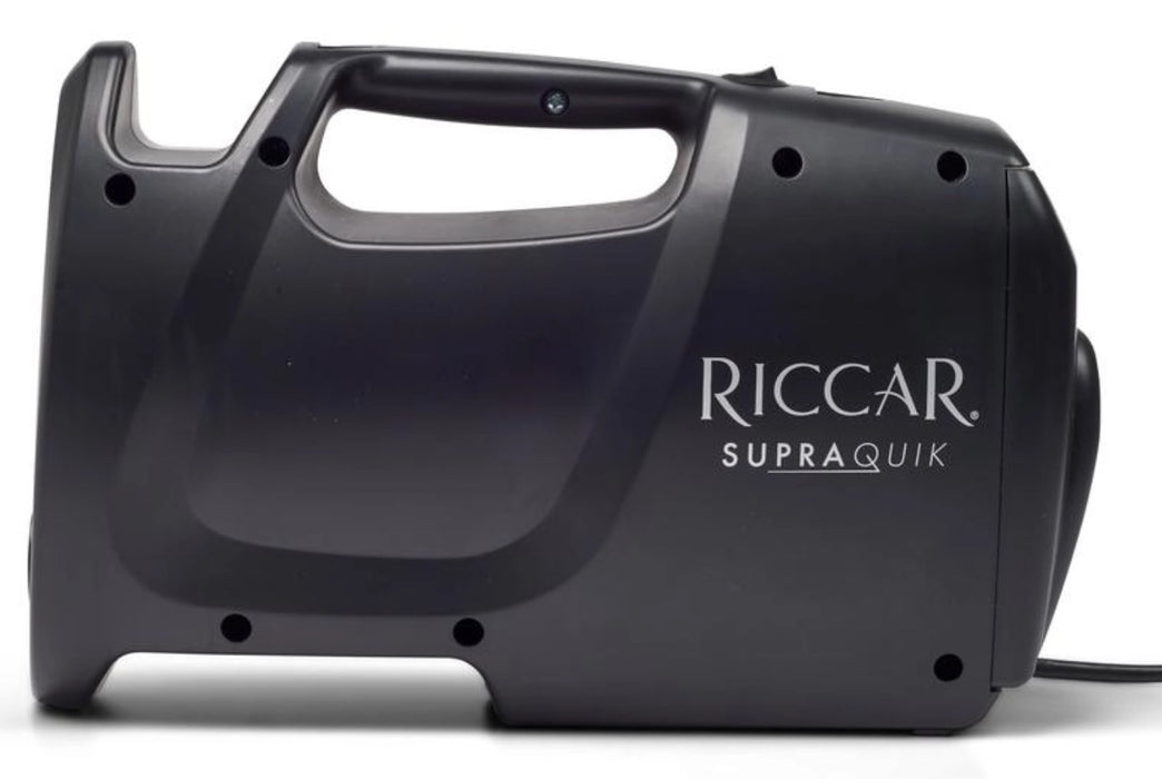 Black Riccar SupraQuick RSQ1 vacuum cleaner on a white background. Capital Vacuum Raleigh Cary NC