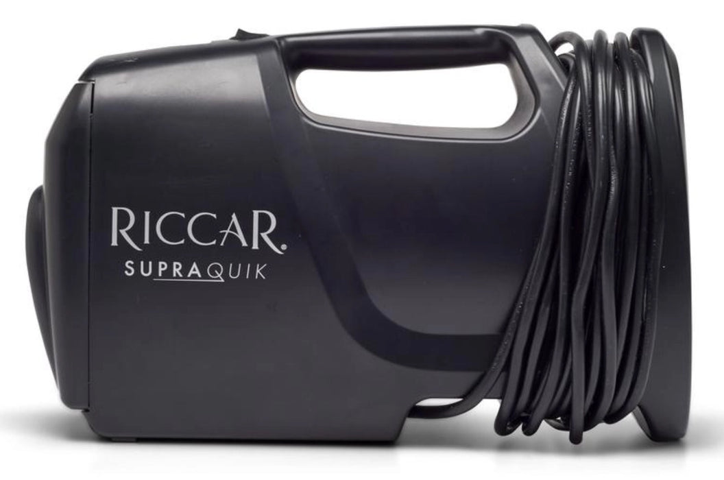 Black Riccar SupraQuick RSQ1 vacuum cleaner on a white background. Capital Vacuum Raleigh Cary NC