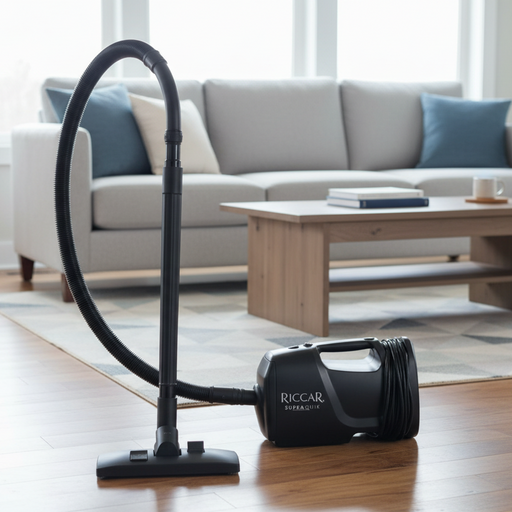 Black Riccar vacuum cleaner on a wooden floor with a living room in the background. Capital Vacuum Raleigh Cary NC