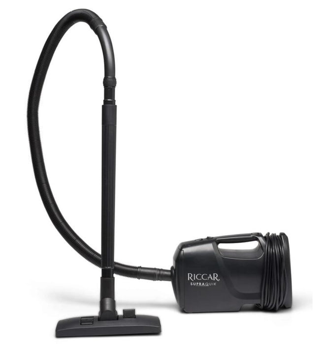 Black Riccar SupraQuick RSQ1 vacuum cleaner on a white background. Capital Vacuum Raleigh Cary NC