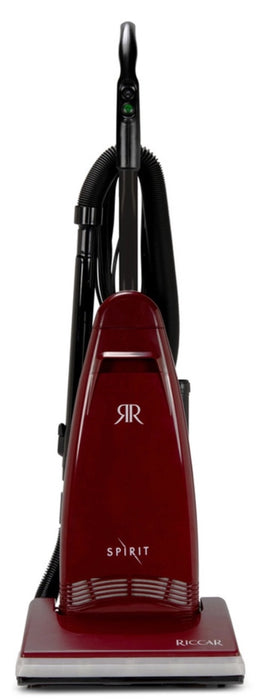 Red Riccar vacuum cleaner with 'RR' logo on a white background. Riccar R21 Spirit Upright Vacuum Capital Vacuum Raleigh Cary NC