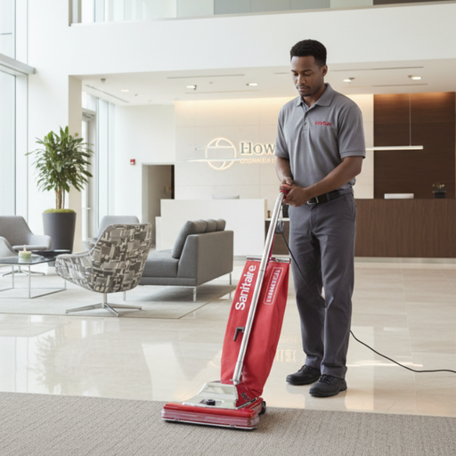 Man cleaning a modern office lobby with a red Sanitaire vacuum cleaner.