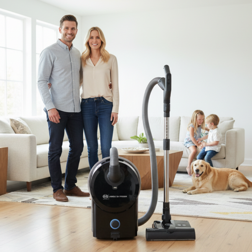 Family with a dog in a living room with a Sebo D4 vacuum cleaner. Sebo Airbelt D4 Black Canister Vacuum 90940AM Capital Vacuum Raleigh Cary NC