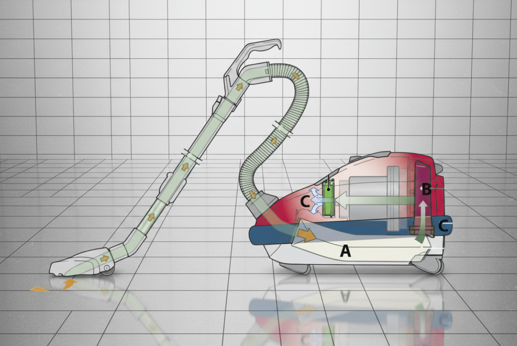 Sebo Airbelt D4 Canister Vacuum 90940AM or 90941AM air flow illustration on grid background. Capital Vacuum Raleigh Cary NC