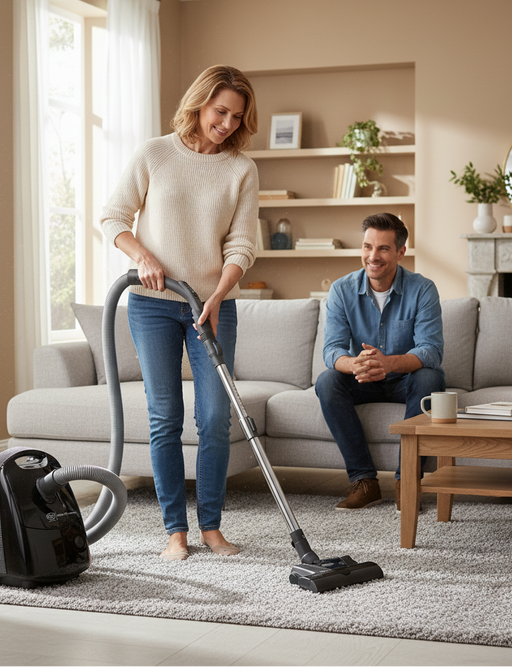Woman using a Sebo E3 vacuum cleaner in a living room with a man sitting on a couch.