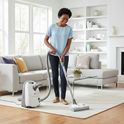 Woman using a vacuum cleaner in a living room. Sebo Airbelt E3 Premium White Canister Vacuum 91646AM Capital Vacuum Raleigh Cary NC