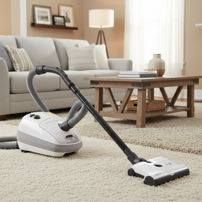 Sebo E3 Vacuum cleaner on a carpeted floor in a living room setting. Sebo Airbelt E3 Premium White Canister Vacuum 91646AM Capital Vacuum Raleigh Cary NC