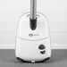 White Sebo E3 vacuum cleaner with a hose on a gray carpet against a white wall. Sebo Airbelt E3 Premium White Canister Vacuum 91646AM Capital Vacuum Raleigh Cary NC