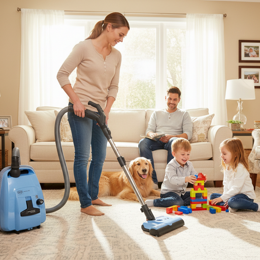Woman using a Sebo K3 vacuum cleaner in a living room with a family and dog.
