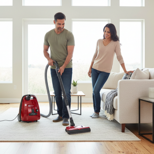 Man and woman using a Sebo K3 vacuum cleaner in a living room.