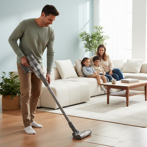 Man using a vacuum cleaner in a living room with a family sitting on a couch in the background. Sebo Balance A1 Cordless Vacuum 95010AM Gray Capital Vacuum Raleigh Cary NC