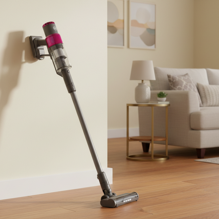 Cordless vacuum cleaner with pink accent. Sebo Balance A1 Cordless Vacuum 95012AM Magenta Capital Vacuum Raleigh Cary NC