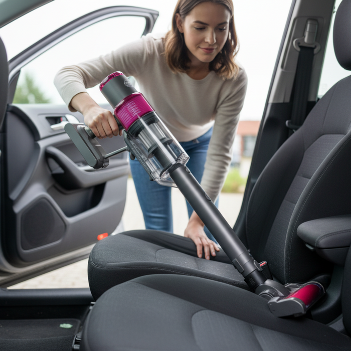 Sebo Balance A1 Handheld vacuum cleaner with pink and gray. Sebo Balance A1 Cordless Vacuum 95012AM Magenta Capital Vacuum Raleigh Cary NCbackground