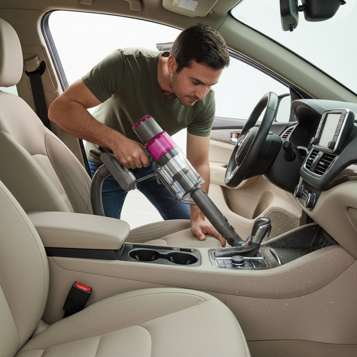 Person cleaning car interior with a vacuum cleaner. Sebo Balance A1 Cordless Vacuum 95012AM Magenta Capital Vacuum Raleigh Cary NC