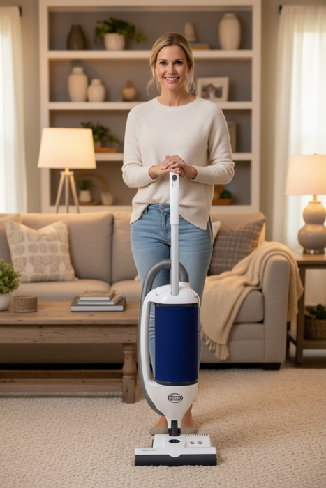 Woman holding a Sebo vacuum cleaner in a living room. Sebo Dart Upright Vacuum 9855AM Capital Vacuum Raleigh Cary NC