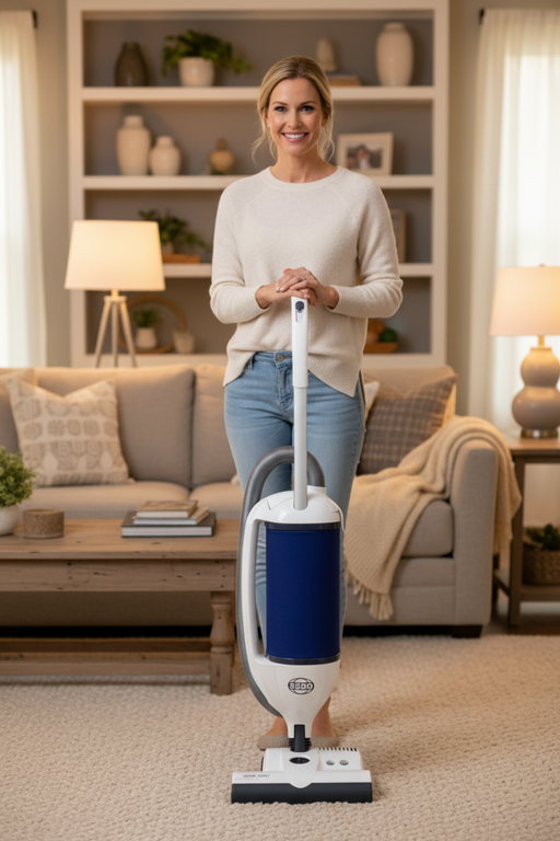 Woman holding a Sebo vacuum cleaner in a living room. Sebo Dart Upright Vacuum 9855AM Capital Vacuum Raleigh Cary NC