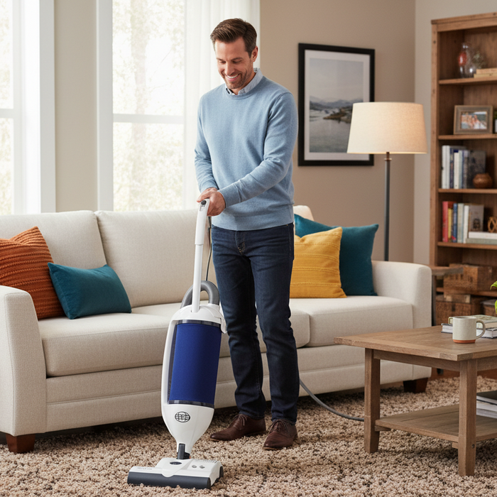 Man cleaning a carpet with a Sebo vacuum cleaner in a living room.