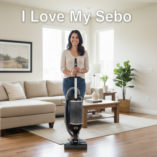 Woman using a Sebo vacuum cleaner in a living room with 'I Love My Sebo' text.