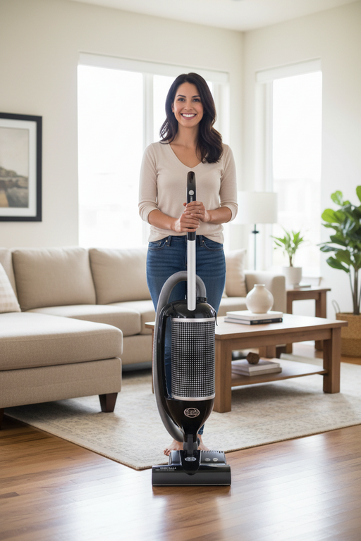 Woman using a Sebo Felix vacuum cleaner in a living room. Sebo Felix Premium Upright Vacuum 9807AM Capital Vacuum Raleigh Cary NC