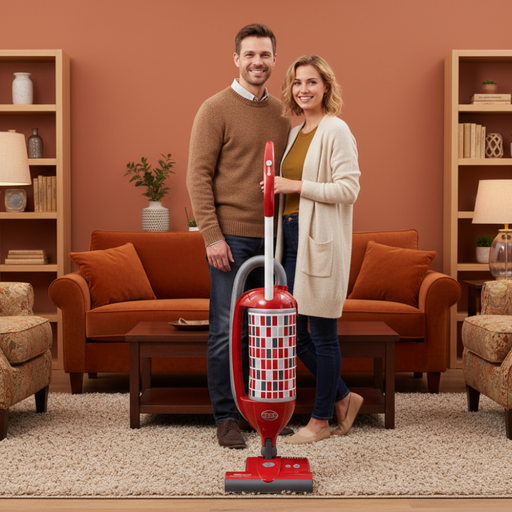 Man and woman standing in a living room with a red Sebo vacuum cleaner. Sebo Felix Premium Upright Vacuum 9809AM Capital Vacuum Raleigh Cary NC