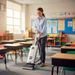 Smiling teacher cleaning classrom with Sebo G4 Commercial Upright Vacuum 90406AM Capital Vacuum Raleigh Cary NC