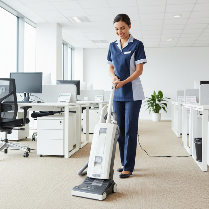 Cleaning service in action with a woman using a Sebo G4 vacuum cleaner in an office setting. Sebo G4 Commercial Upright Vacuum 90406AM Capital Vacuum Raleigh Cary NC