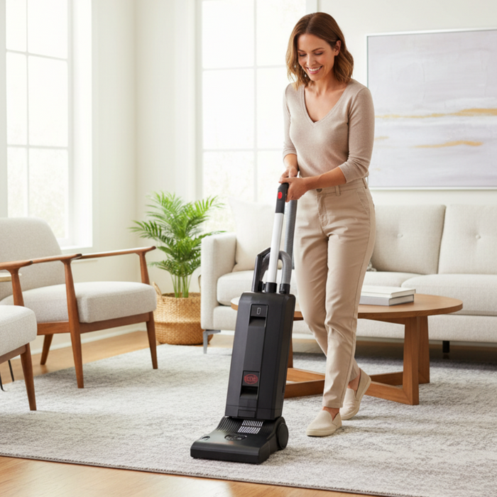 Woman using a Sebo vacuum cleaner in a living room. Sebo G4 Commercial Upright Vacuum 90406BE Capital Vacuum Raleigh Cary NC