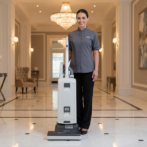 Woman in a gray shirt and black pants standing next to a vacuum cleaner in a luxurious hallway. Sebo G5 Commercial Upright Vacuum 90407AM Capital Vacuum Raleigh Cary NC