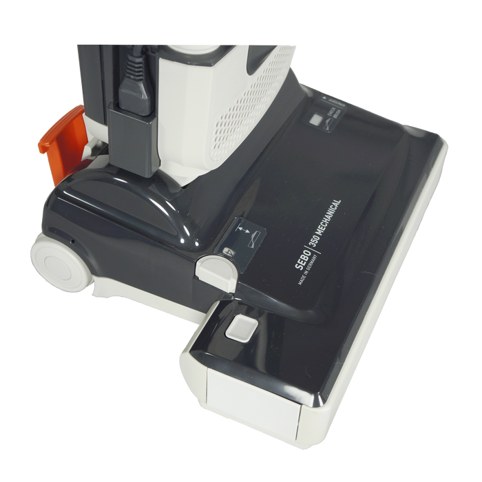 Close-up of a SEBO vacuum cleaner head on a white background. Sebo Mechanical 350 Commercial Upright Vacuum 91313AM Capital Vacuum Raleigh Cary NC