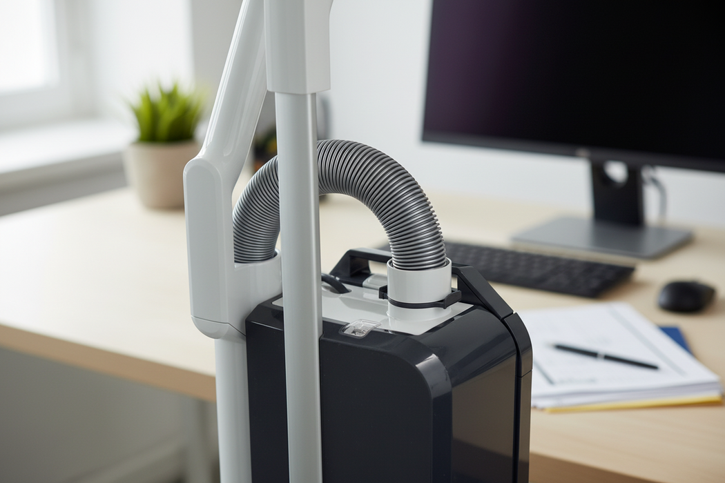 Close-up of a vacuum cleaner with hose attachment on a white background. Sebo Mechanical 350 Commercial Upright Vacuum 91313AM Capital Vacuum Raleigh Cary NC