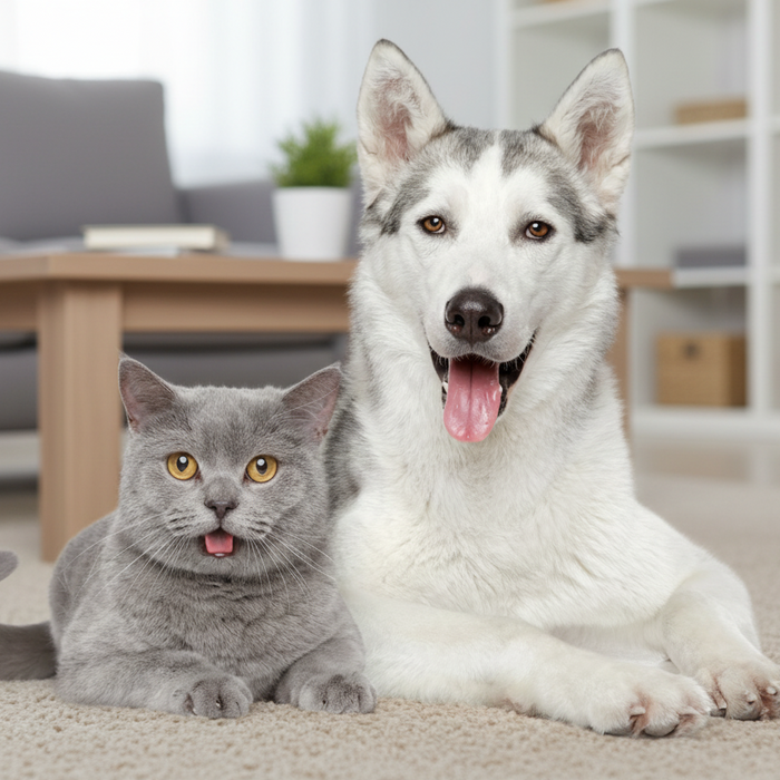 Gray cat and white dog sitting together on a carpeted floor in a living room. Sebo Vacuum Cleaner Capital Vacuum Raleigh Cary NC