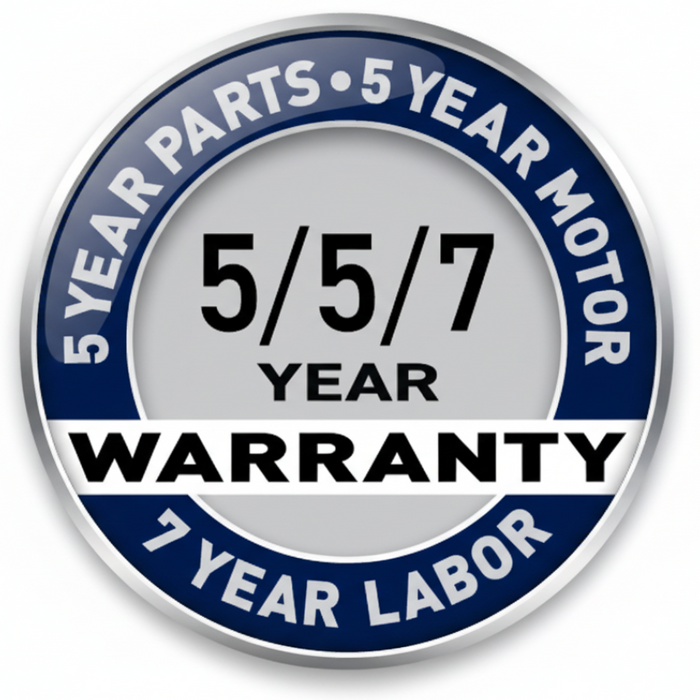Sebo Warranty badge with 5/5/7 year parts, motor, and labor warranty details.