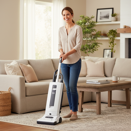 Smiling woman vacuum living room  with Sebo X4 Upright Vacuum 9570AM White Capital Vacuum Raleigh Cary NC
