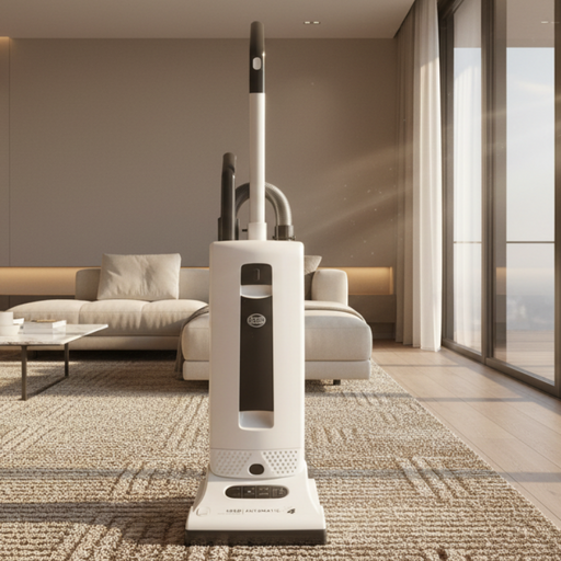 White vacuum cleaner on a carpeted floor in a modern living room. Sebo X4 Upright Vacuum 9570AM White Capital Vacuum Raleigh Cary NC
